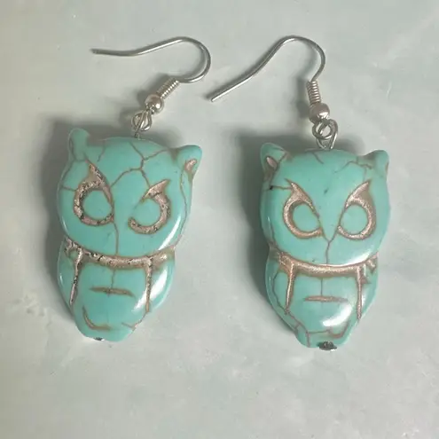 Turquoise Howlite Owl Dangle Earrings Blue