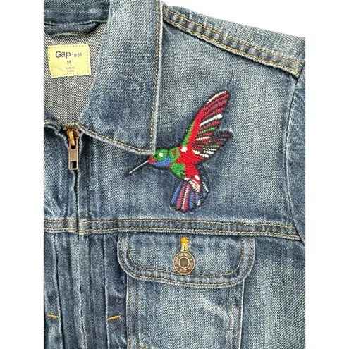 Gap  Embroidered Denim Jeans Jacket Zip Up Patches Boho Hippie Size XS