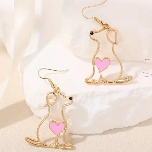 NEW Gold Dog Earrings with Pink Heart – Cute Pet Lover Dangle Jewelry