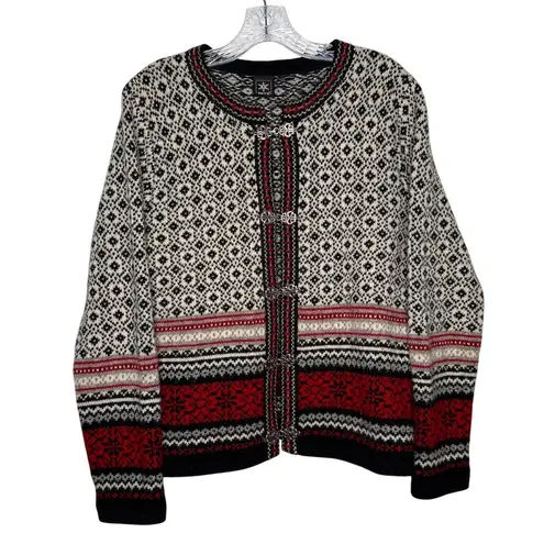 Vintage SKYR Norway Wool Cardigan Nordic Pewter Clasp Selbu snowflake medium Red