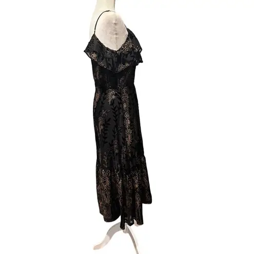 Lost + Wander Black Embroidered Ruffle Midi Dress Size L Boho Romantic Floral
