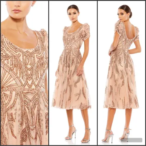 Mac Duggal 5434 Short Sleeve Beaded A-line Tea Length Dress