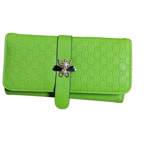 Leather Wallet Lime Green Embossed Faux Snap Closure Decorative Bee Accent