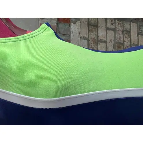 one piece swimsuit color blocked stripe ribbed blue white neon green 1990s Size L