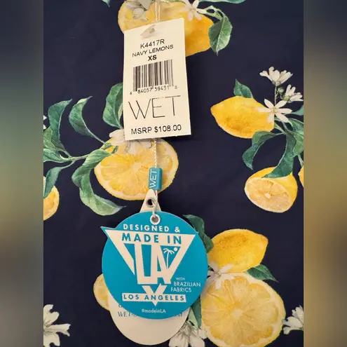 Wet Swimwear Sardinia Bri Navy Blue Lemons Print Long Sleeve Crop Top Size XS