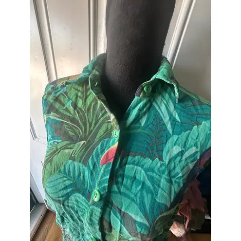 Ellen Tracy Linda Allard Tropical Print Button Down Shirt Toucan & Green Leaves