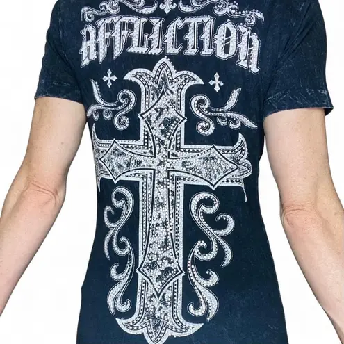 Affliction Vintage Y2K Live Fast Black Gem Rhinestone Cross Printed Tee