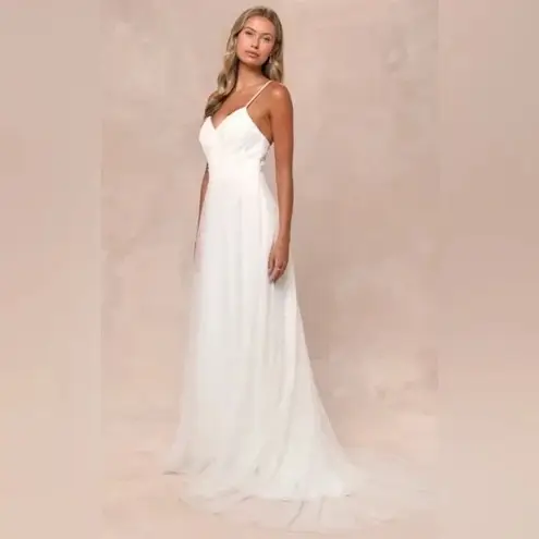 Lulus Love Perfection White Lace Tulle Pearl Beaded Maxi Dress Size M Size M