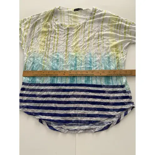 David Cline Top Size M Blue Green White Stripe Print Crinkle Semi Sheer Size M