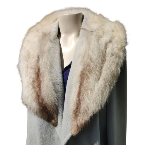 Real Fox Fur Collar Coat Belt Light Gray Wool Satin Lining Project or Parts Size 12