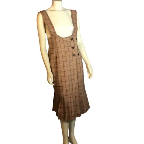 Vintage Min Woo Style Plaid Jumper Wrap Dress Brown Check Midi Pleated Medium