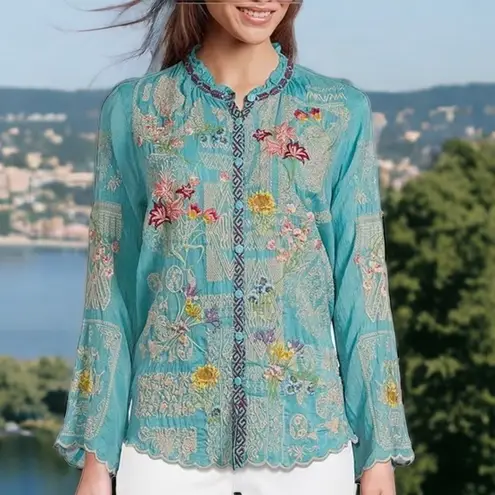 Johnny Was  heavily embroidered “Albee” blouse in marine blue NWT - Image 4
