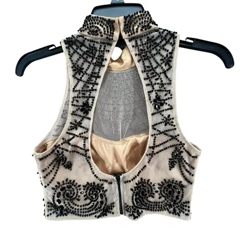 XScape Crop Top Womens L Beige Black Beaded Rhinestone High Neck Formal Evening