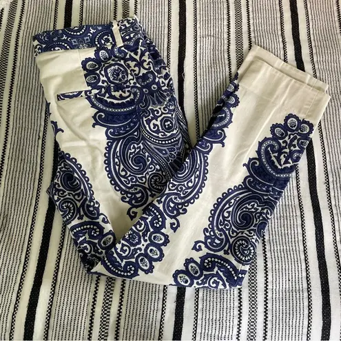 ZARA  White Blue Scroll Floral Straight Leg Business Casual Ankle Pants size 4