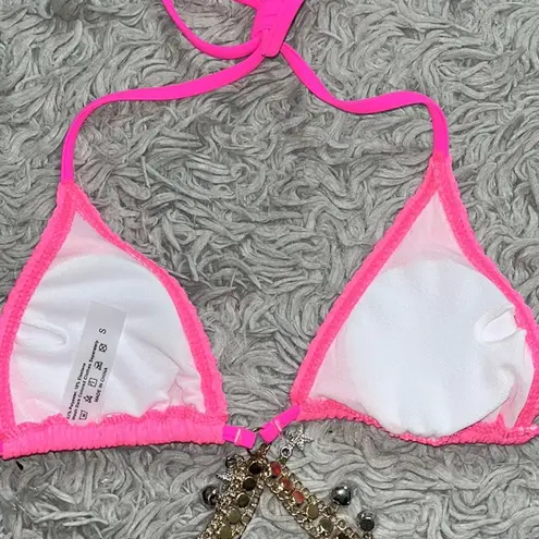 Hot Pink Bikini 2pc Swimsuit Gold Chain Charms Seersucker S Small