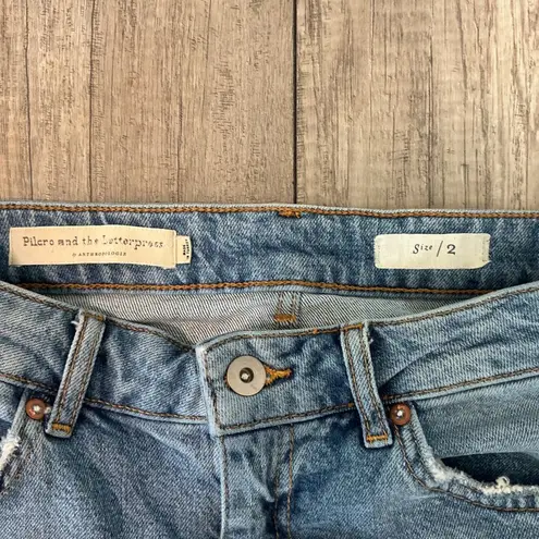 Pilcro and the Letterpress Pilcro Denim Skirt Pencil Distressed Fray Hem Stretch Blue Size 2