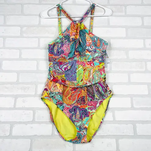 Bleu Rod Beattie $125 Paisley Halter One Piece Swimsuit Women's Size 12 NWT