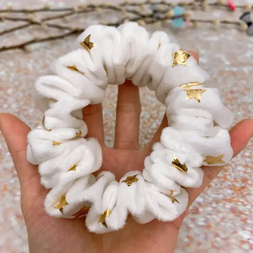 CHUBBY Scrunchie White Gold Stars Soft Minky Fleece Thick Scrunchie Hair Tie Hair Accessories