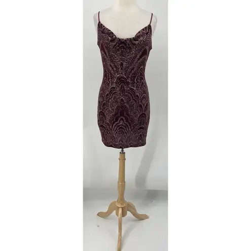 Vintage 90s Cowl Neck Bodycon Mini Dress Strappy Sparkle Design Maroon Gold M Red Size M