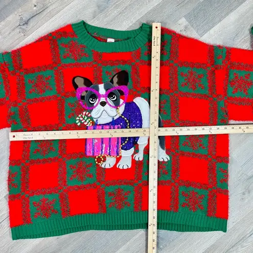 Holiday Time  Fancy Dog Checkerboard Fuzzy Ugly Christmas Sweater Red 3X Oversize