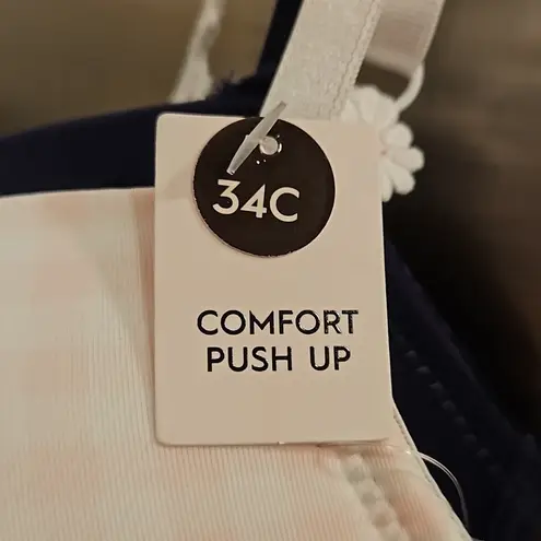 Laura Ashley ππ Comfort Push Up Bras (2 Pack) Pink Checkers & Navy Blue 34C NWT