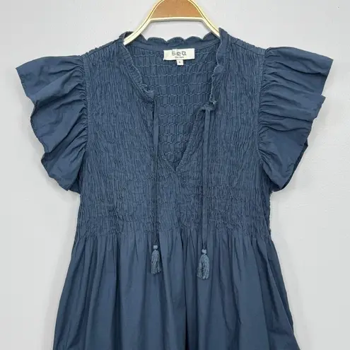 Sea New York Rene Tunic Dress 8 Slate Smocked Ruffle Sleeve Boho Casual Chic Blue