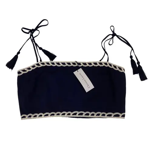 Christian LaCroix Linen Blue White Scallop Embroidered Smocked Crop Top - L NWT