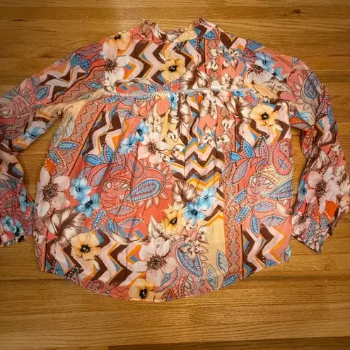 Fate Boho Floral Blouse Large | Sheer Button Down Festival Top Orange