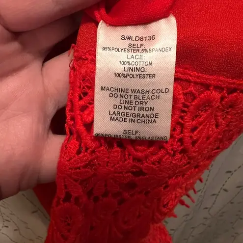 C. Luce Midi Dress, Crochet Lace, 3/4 Bell Sleeve, V-neck, Belt, Poppy, Sz L