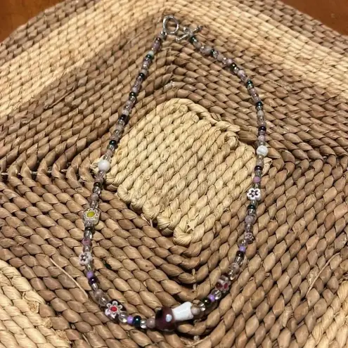 Handmade  floral pink tourmaline + seed bead necklace w/ mushroom charm 🍄💜✨