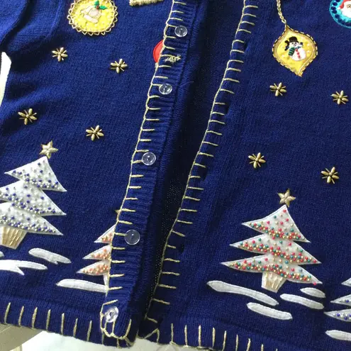 Vintage Victoria Harbour Embellished Christmas Sweater Cardigan Blue Ugly Size M