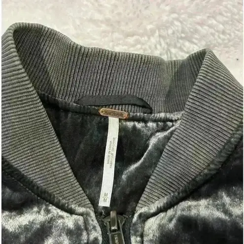 Free People  Ruched Plush Velvet‎ Bomber Jacket Medium Gray Draped Zip Front