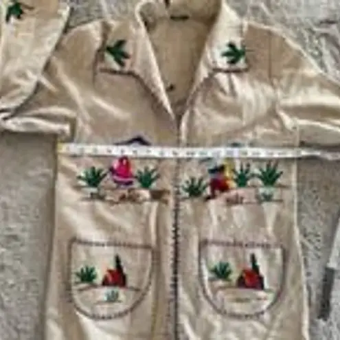 Vintage Lopez Mexican‎ Wool Open Tourist Coat Jacket Yarn Embroidered Tan Sz S/M Size M