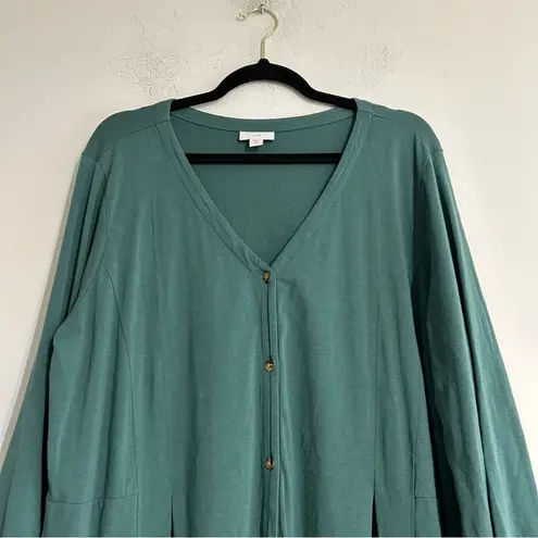 J. Jill Button Front Pleated Jersey Knit Long Sleeve Midi Dress Teal XL Tall Green