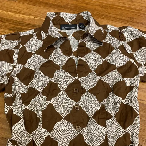 INC International Concepts Brown Cream Checkered Shirt Dress Belted Short Size 6