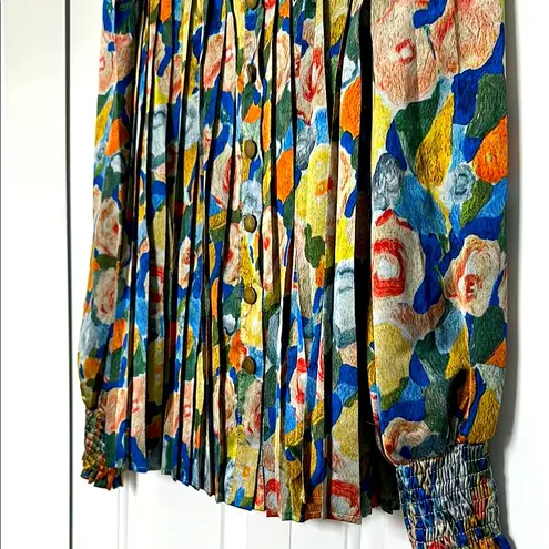 Radzoli Blue and Green Pleated Blouse with Peter Pan Collar Size M