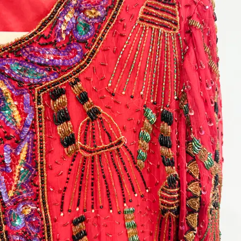 Laurence Kazar Vintage Red Beaded Silk Cropped Jacket Size M