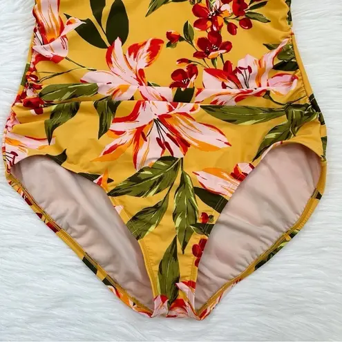 Kona Sol Mustard Yellow Floral High Coverage One Piece Swimsuit, Sz Large