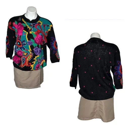 FORENZA Hand Knit Sweater Black Bright Colored Floral Womens Size Small VINTAGE