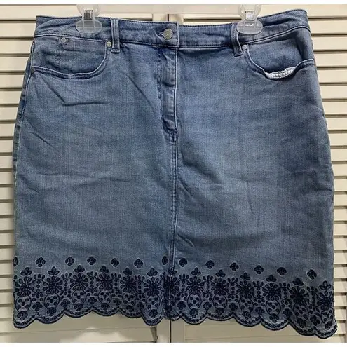 Talbots Denim Pencil Midi Skirt Size 14 Zip Stretch Embroidered Scallop Hem