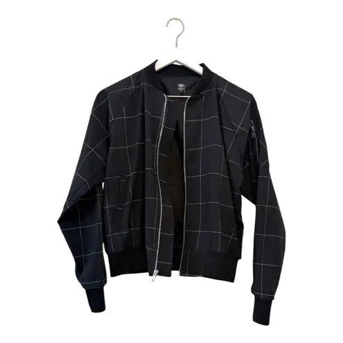 ALBION FIT Albion Windowpane Print Bomber Jacket Black Lightweight Full Zip Front Size Med