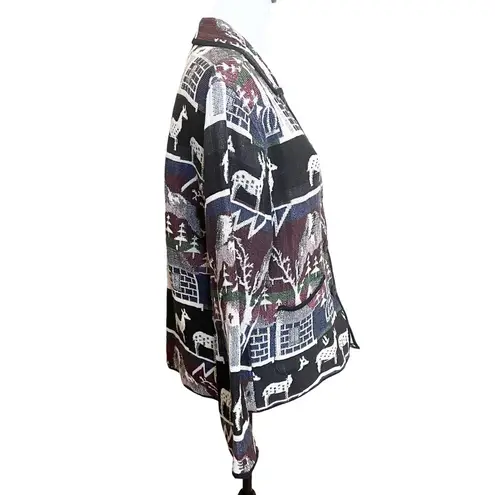 Jane Ashley Woven Tapestry Winter Deer Print Button Front Jacket Blue Multi Sz L