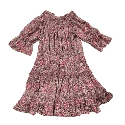 MISA Los Angeles Misa Castellar Floral Violet Pink Smocked Neck Ruffled Tiered Cottage Dress XS