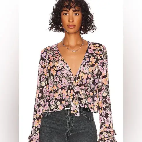 Free People  Maybel Sheer Floral Tie Front Peplum Top Crop Black‎ Pink Small New