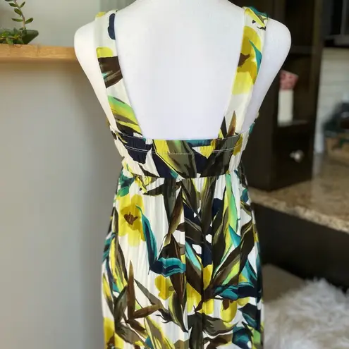 New York & Company Teal White Lime Tropical Print Stretch Maxi Dress Size XS Yellow