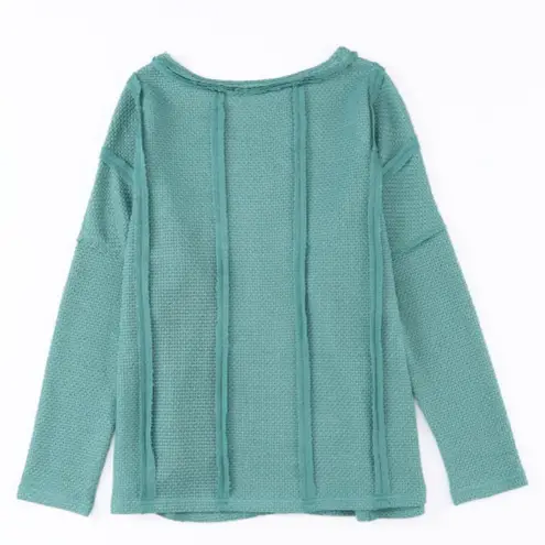 NEW Green Waffle Knit Exposed Seam Loose Fit Long Sleeve Top Size Medium