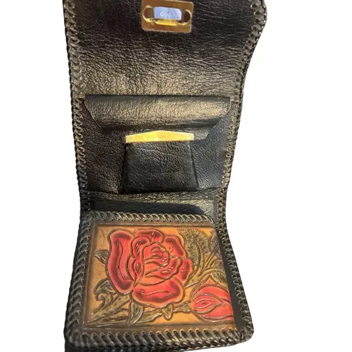 Vintage Handmade Tooled Leather Wallet Rose Design Snap Closure Lucille 5" x 4" Black