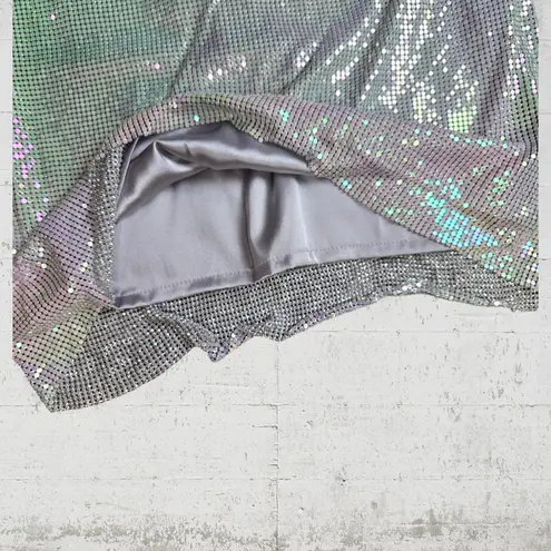 House of Harlow Iridescent Metal Mesh Disco Mini Dress Drape Neck Size Small NWT Silver