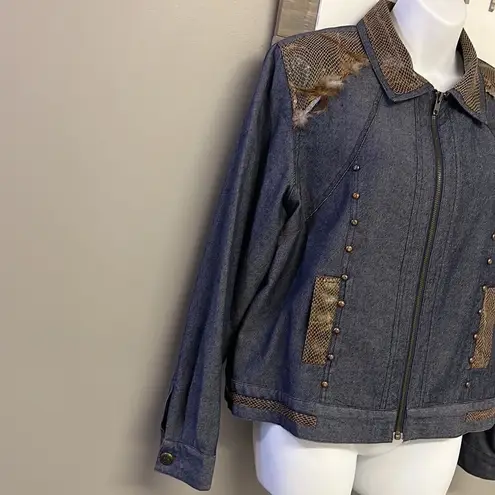 Patchington Vintage Silk Cotton Zip Up Jean Jacket Faux Snakeskin & Feathers
