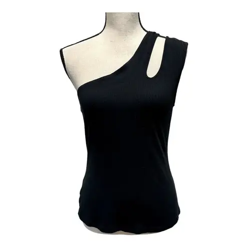 BCBGMAXAZRIA  Womens One Shoulder Tank Top Black Ribbed Solid Sleeveless M